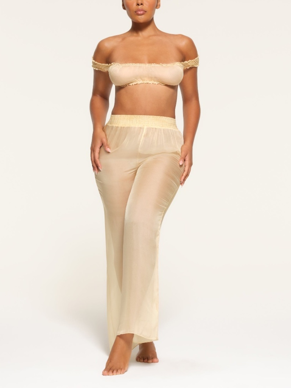 NWT SKIMS Romance 100% Silk Chiffon Sheer Smocked Pant in Butter Yellow Sz XL